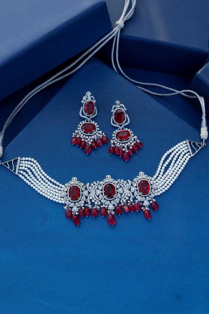 Ella Red Pearl Choker Necklace Set