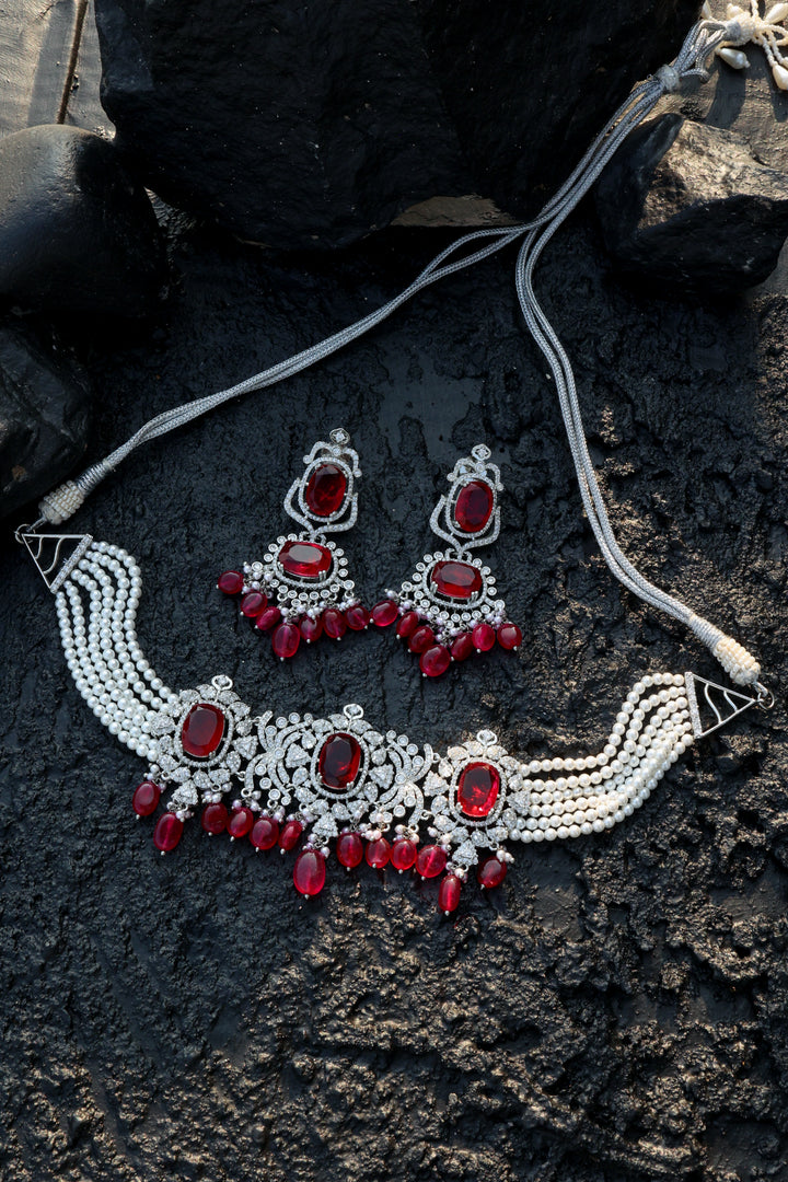 Ella Red Pearl Choker Necklace Set