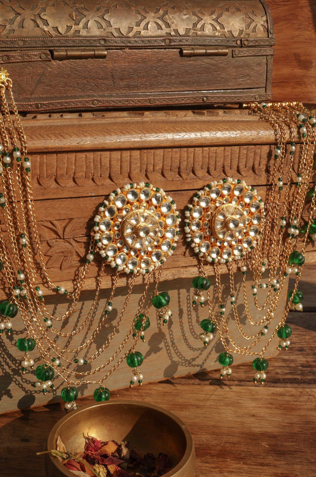 Rohini Green Kundan Kaan Chain Earrings