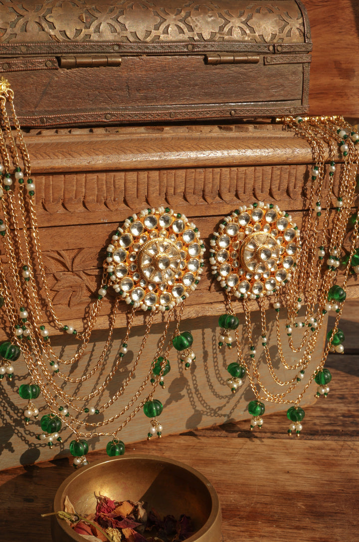 Rohini Green Kundan Kaan Chain Earrings