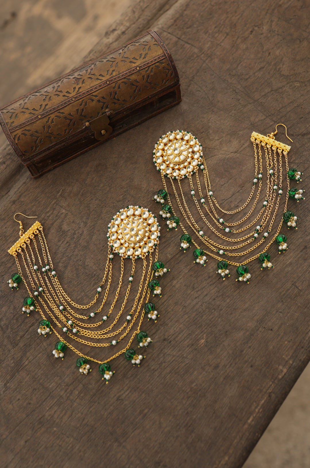 Rohini Green Kundan Kaan Chain Earrings