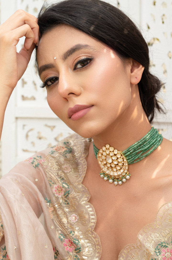 Vrinda Green Silver Polki Necklace