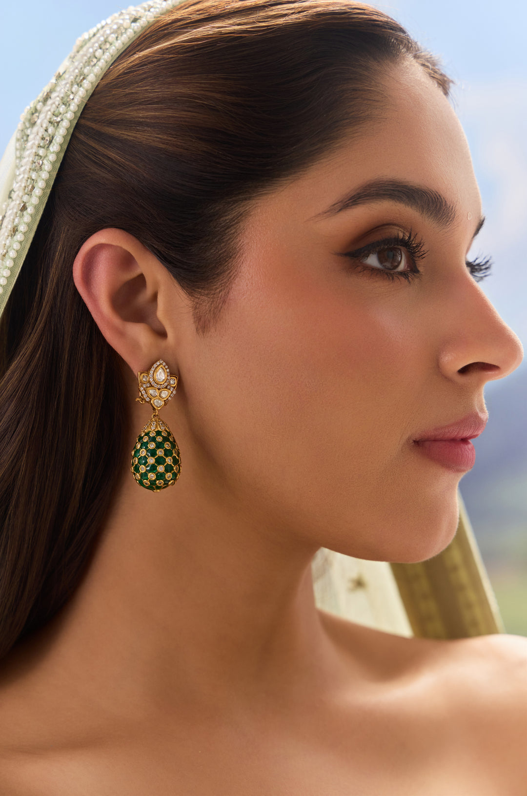 Crimson Green Polki Drop Earrings