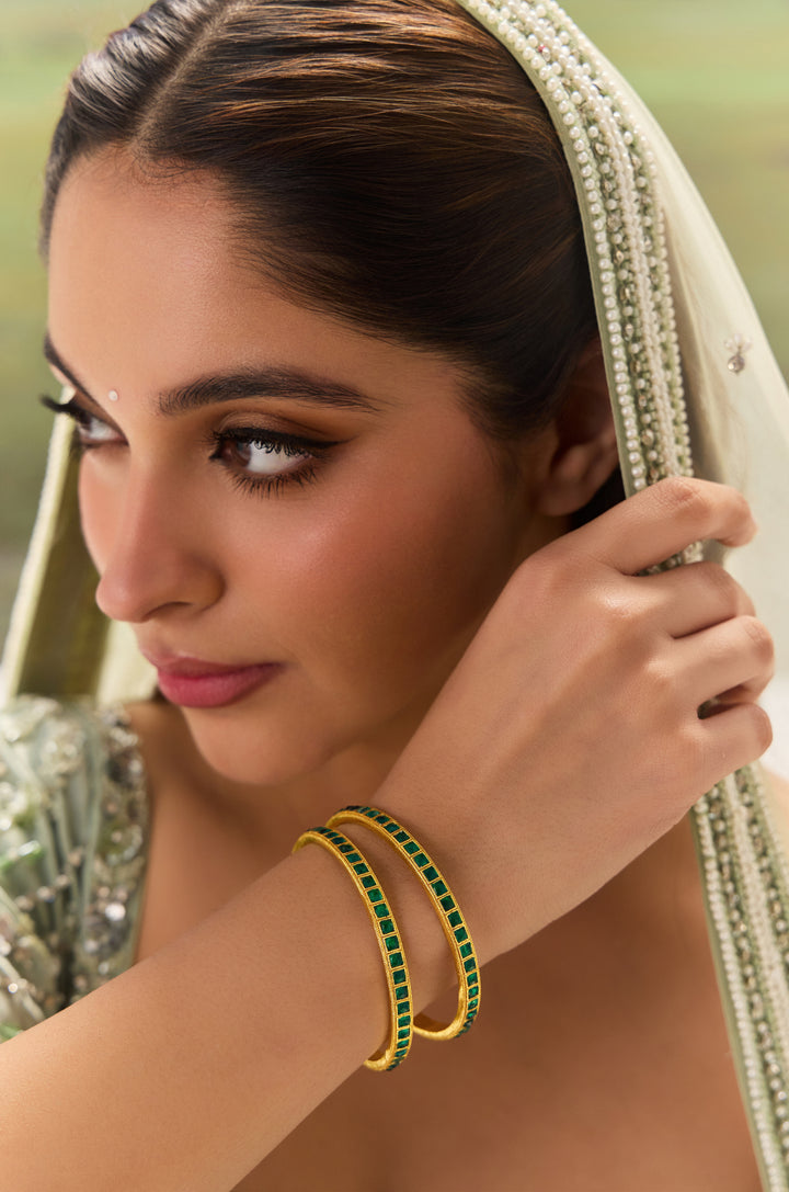 Kamini Green Kundan Bangles - Set Of 2