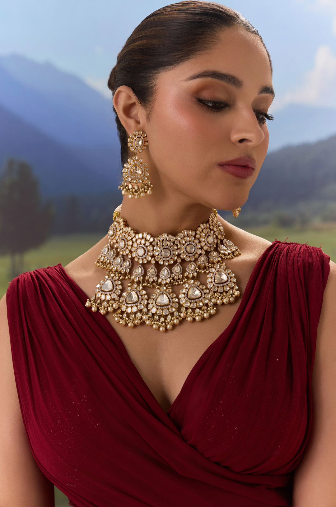 Vamsee Silver Polki Choker Necklace Set