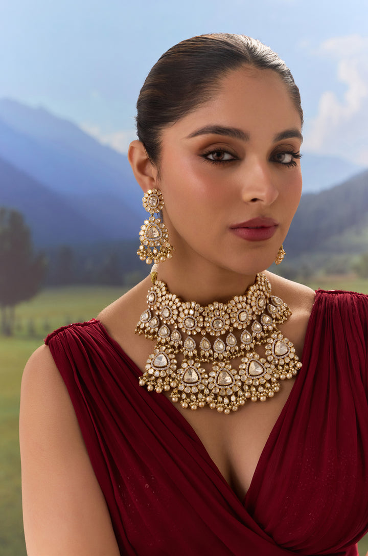 Vamsee Silver Polki Choker Necklace Set
