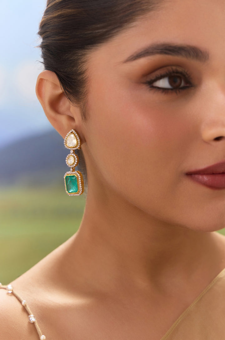 Kaveri Green Polki Silver Earrings