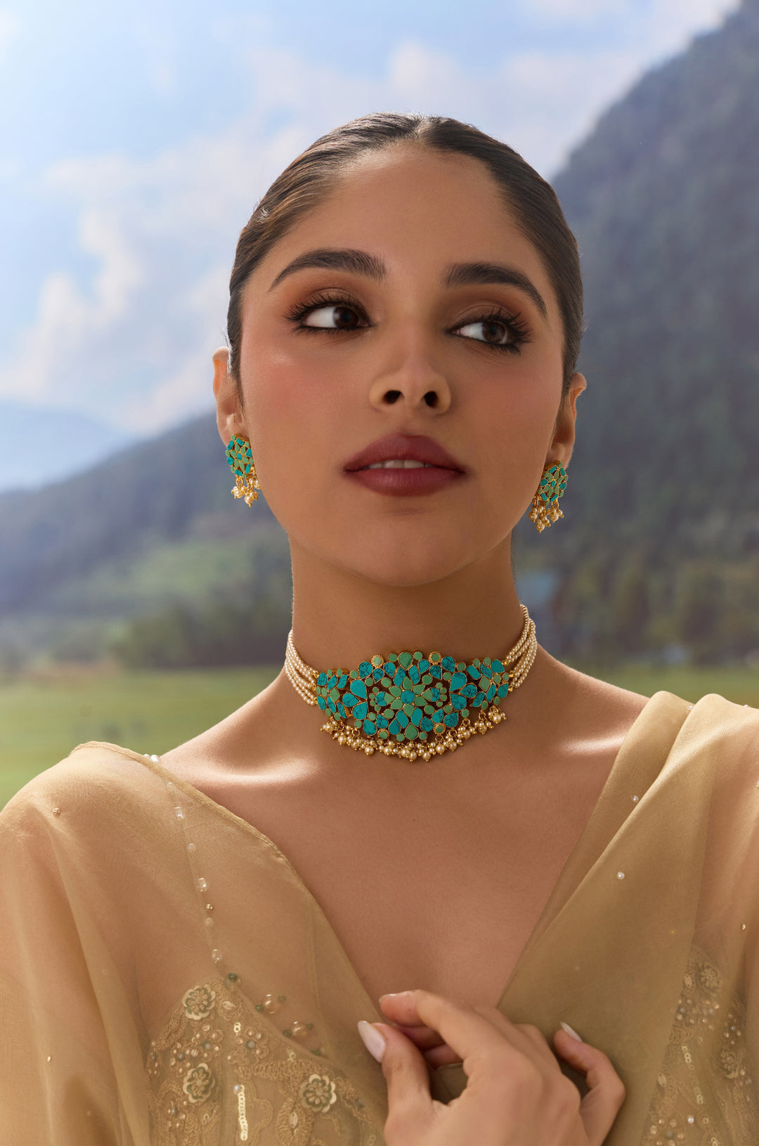 Ramiya Firoza Silver Necklace Set