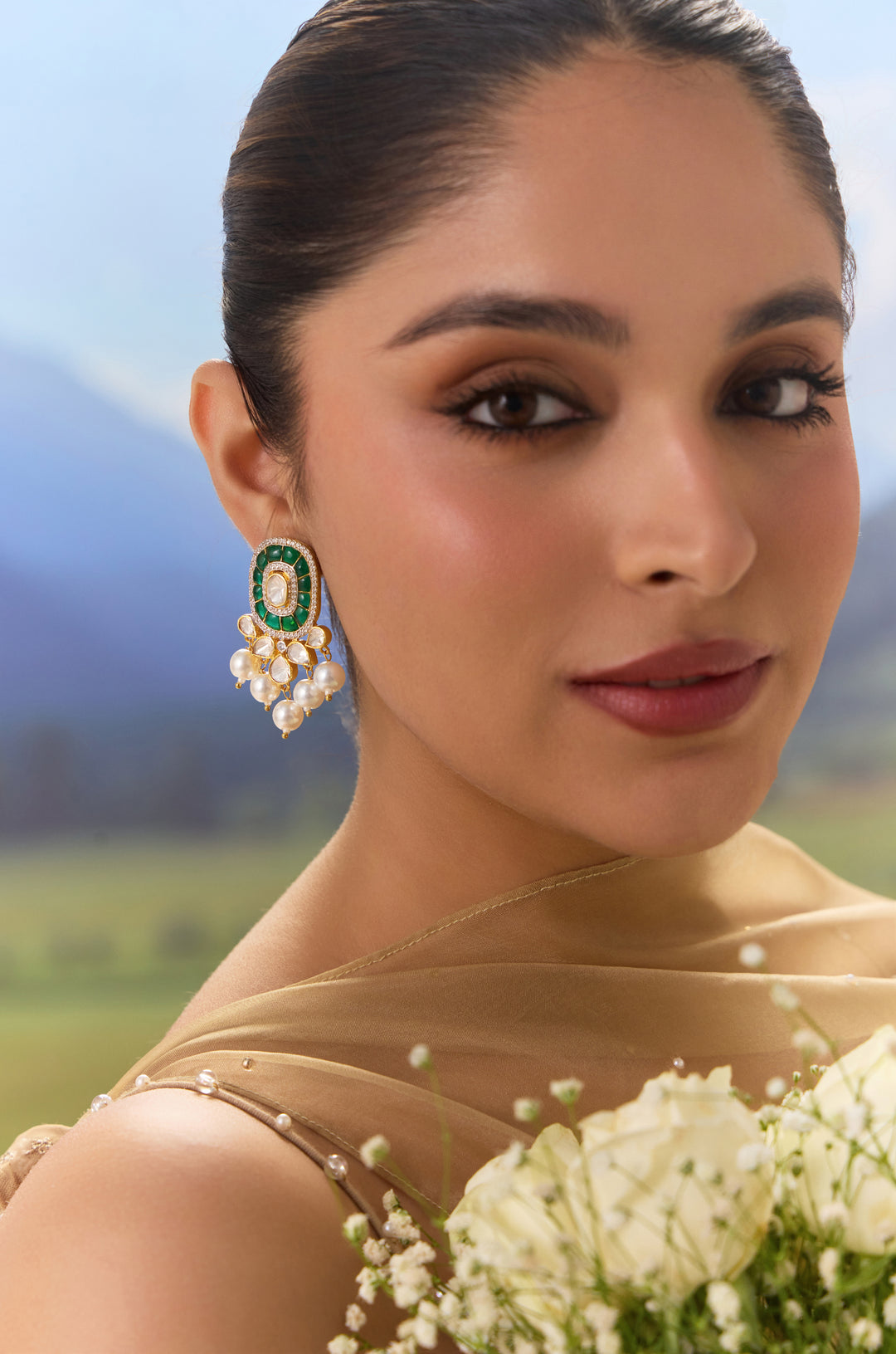 Jahzara Green Polki Silver Studs