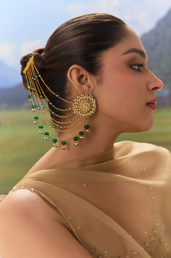 Rohini Green Kundan Kaan Chain Earrings