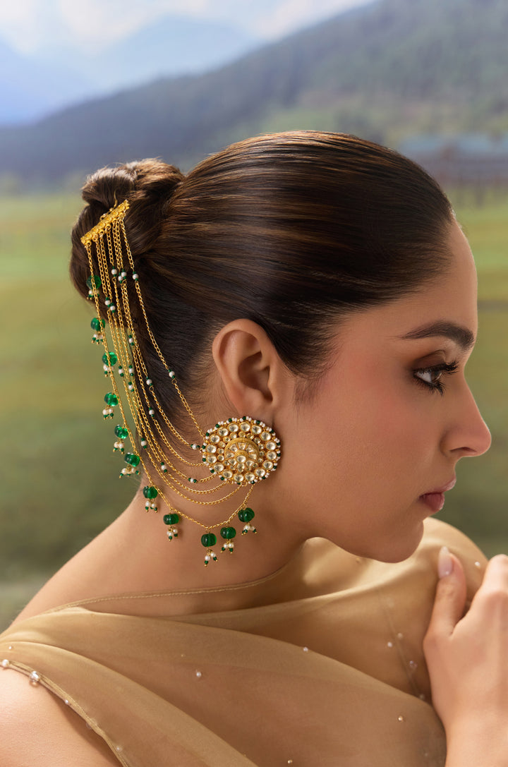 Rohini Green Kundan Kaan Chain Earrings