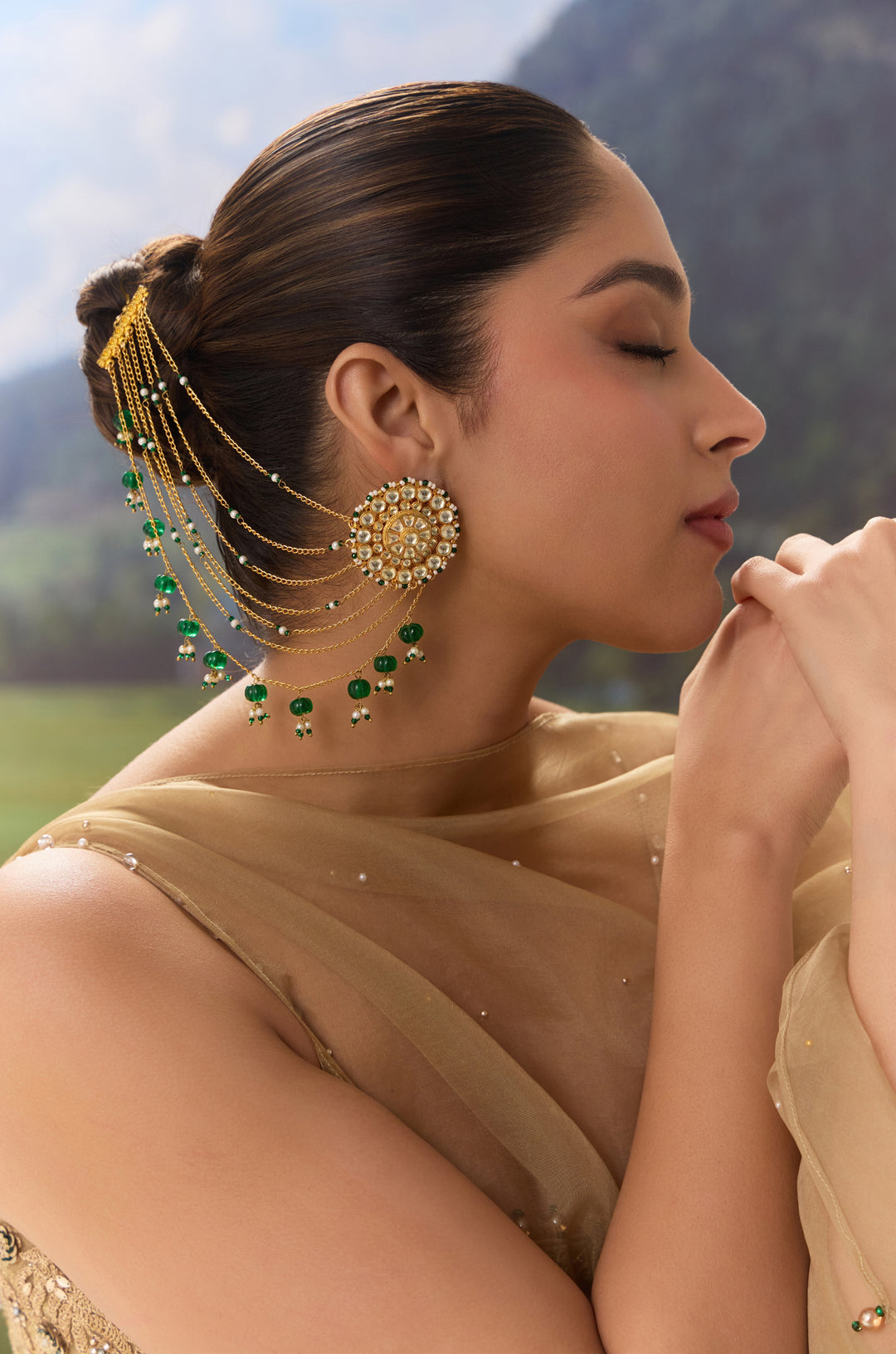 Rohini Green Kundan Kaan Chain Earrings