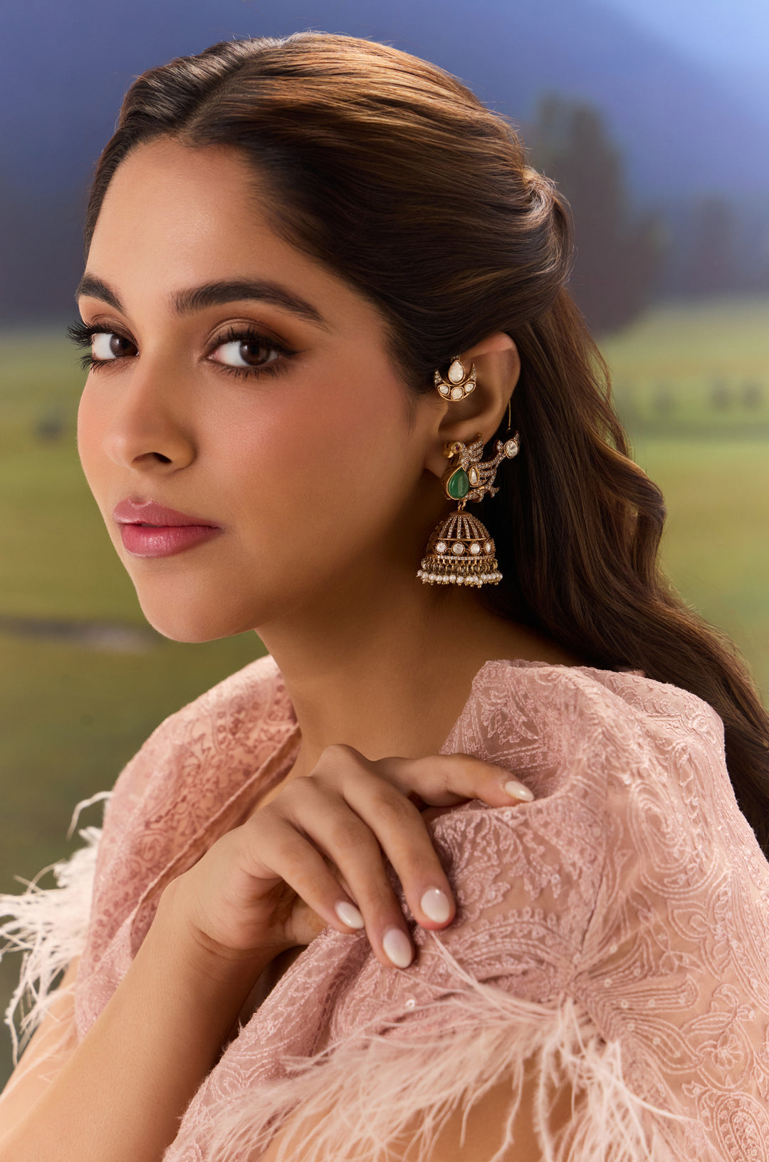 Zareen Peacock Mint Jhumka Earrings