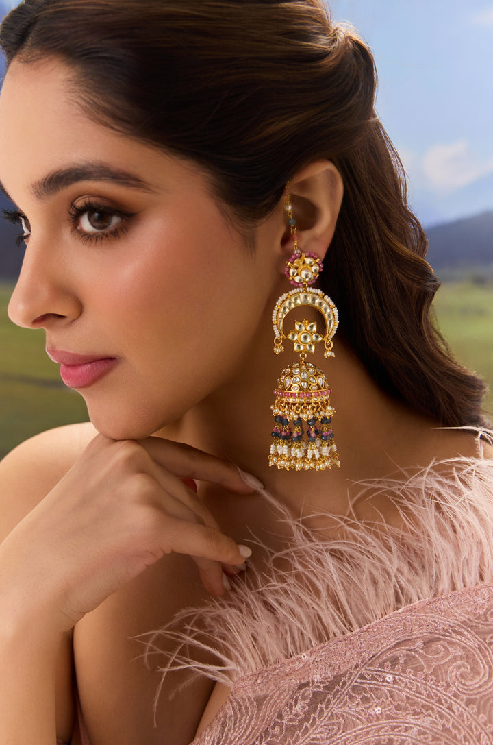Pankh Pink Kundan Jhumka Earrings