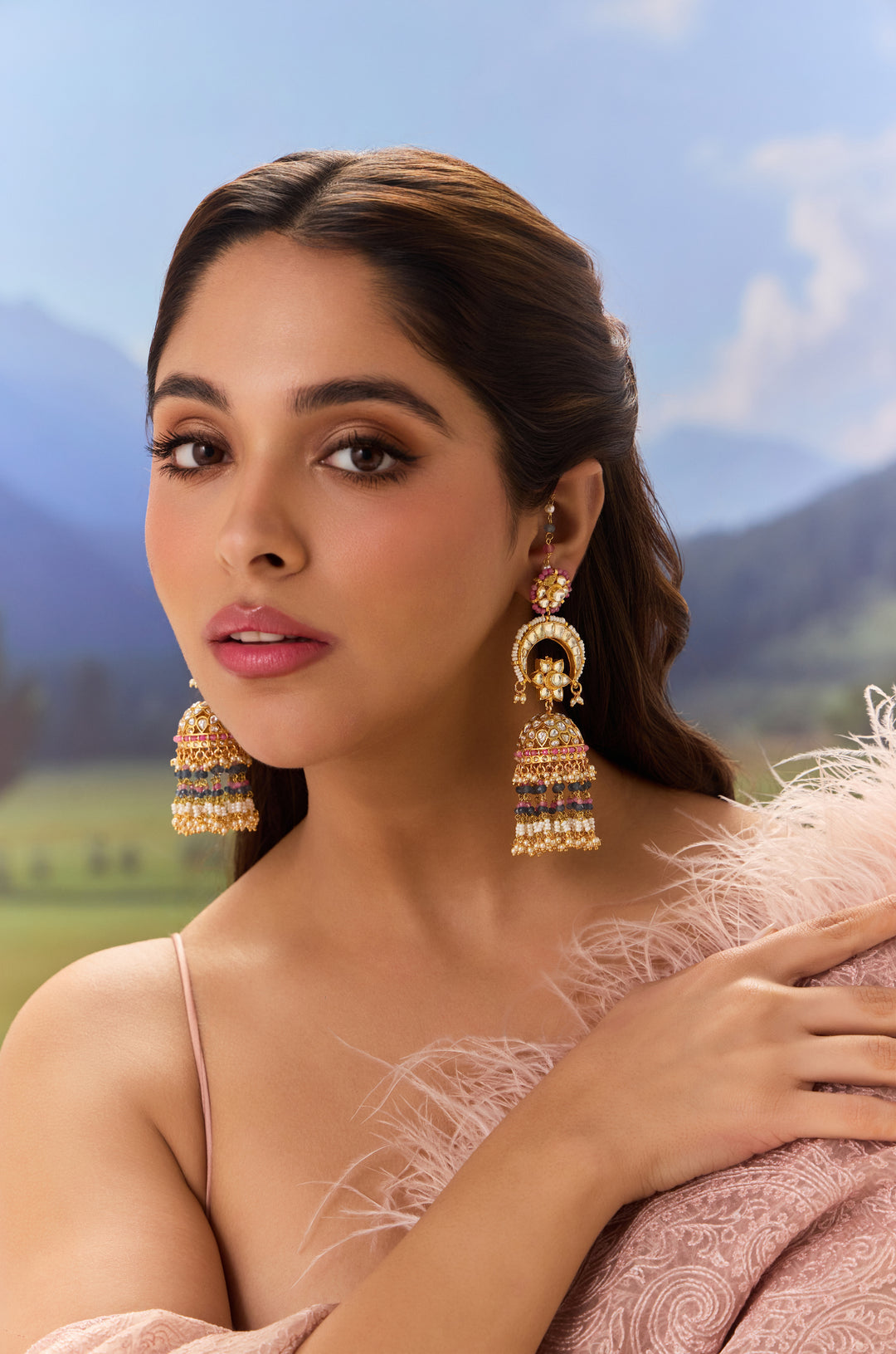 Pankh Pink Kundan Jhumka Earrings