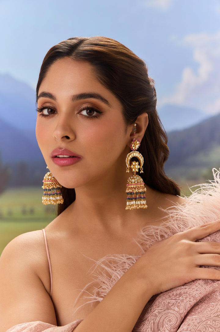 Pankh Pink Kundan Jhumka Earrings