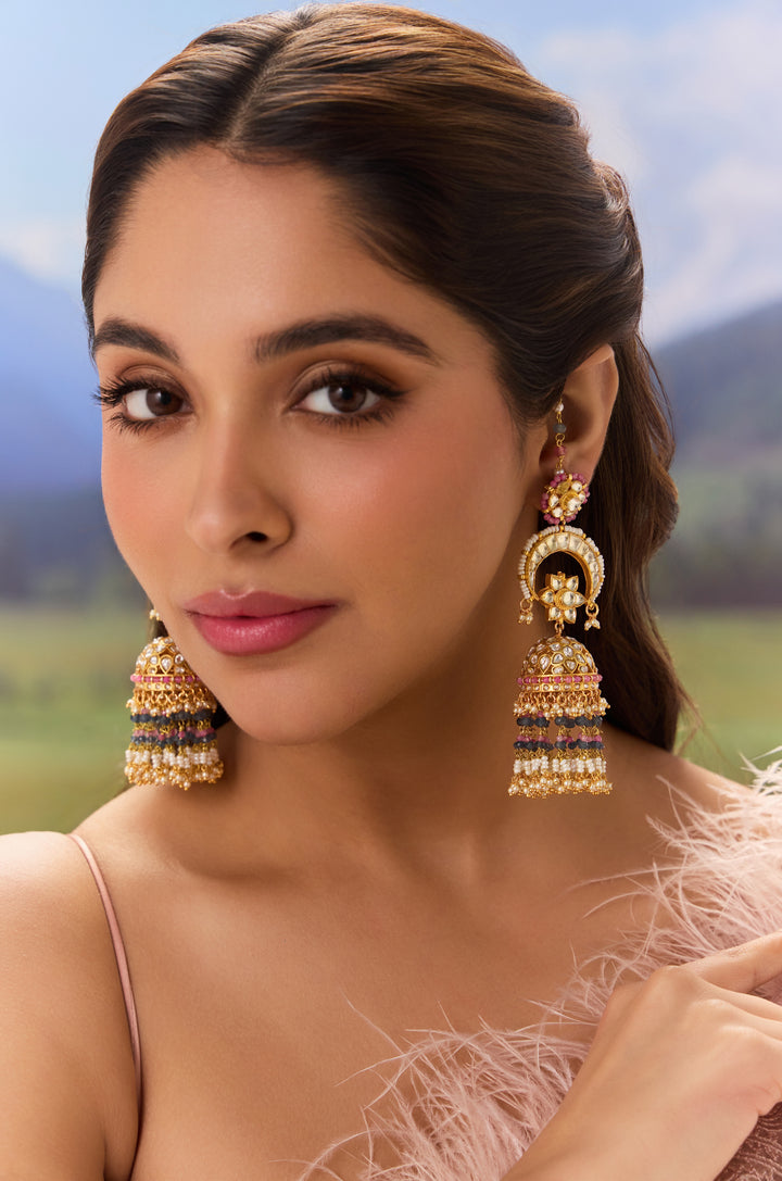 Pankh Pink Kundan Jhumka Earrings
