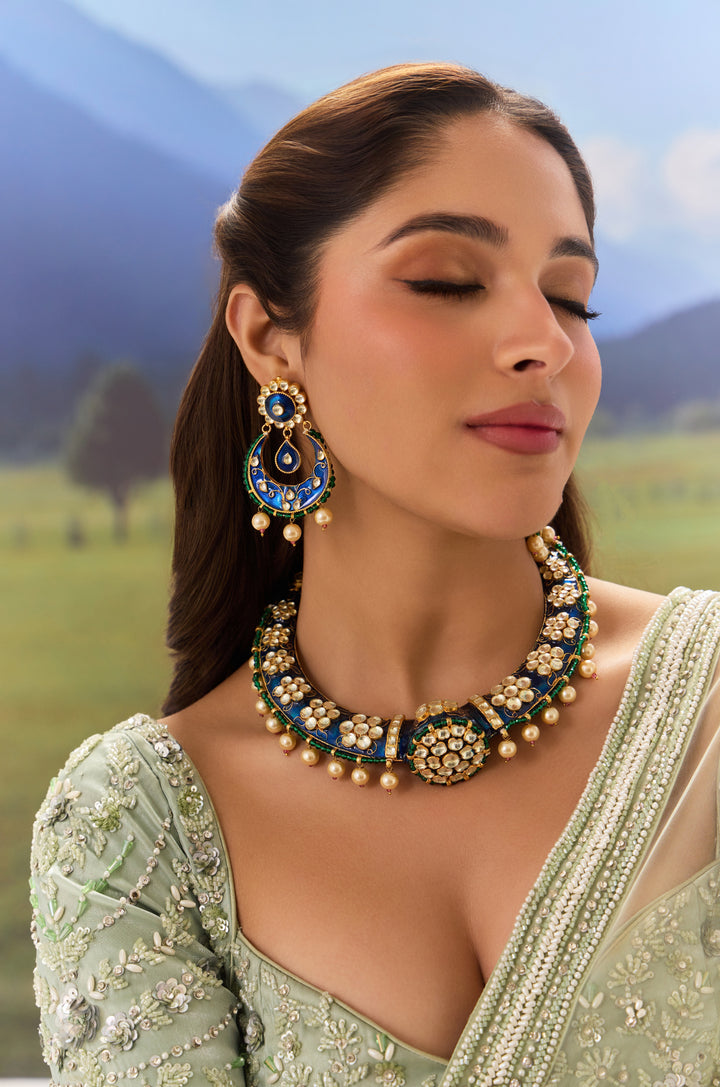Jereen Blue Meenakari Hassli Necklace Set