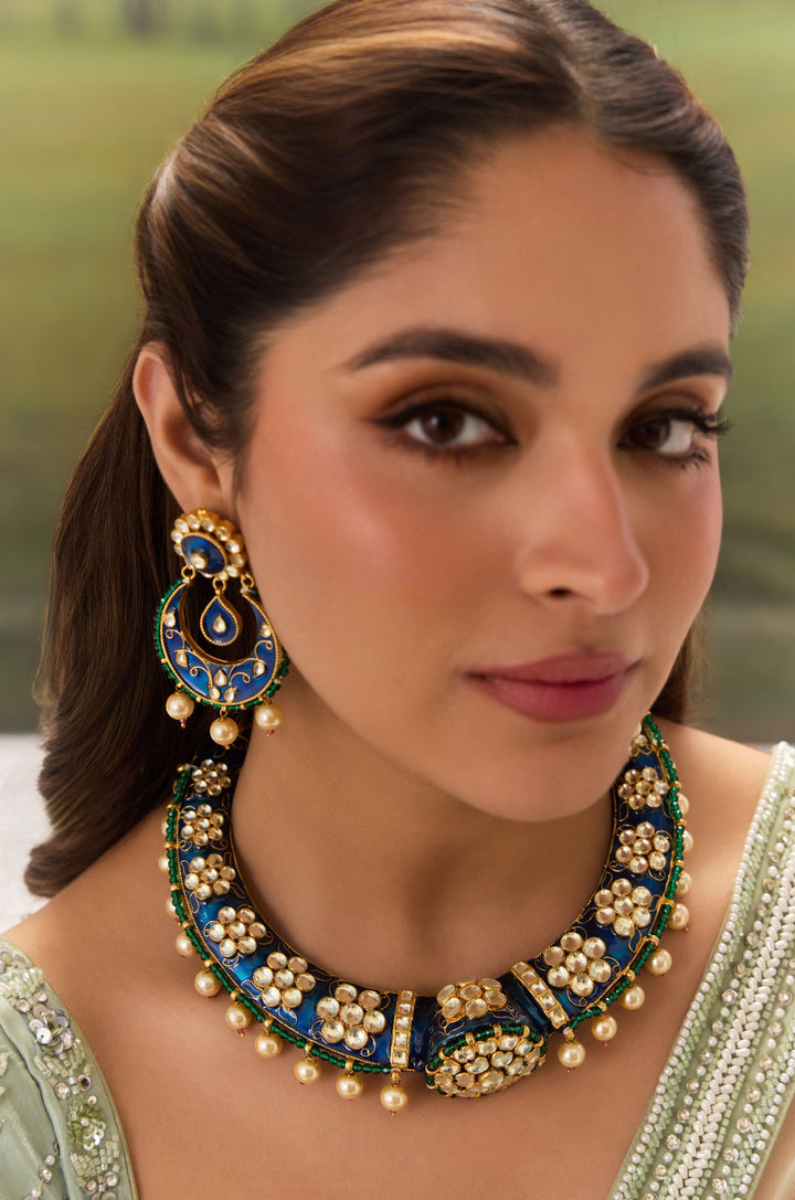 Jereen Blue Meenakari Hassli Necklace Set