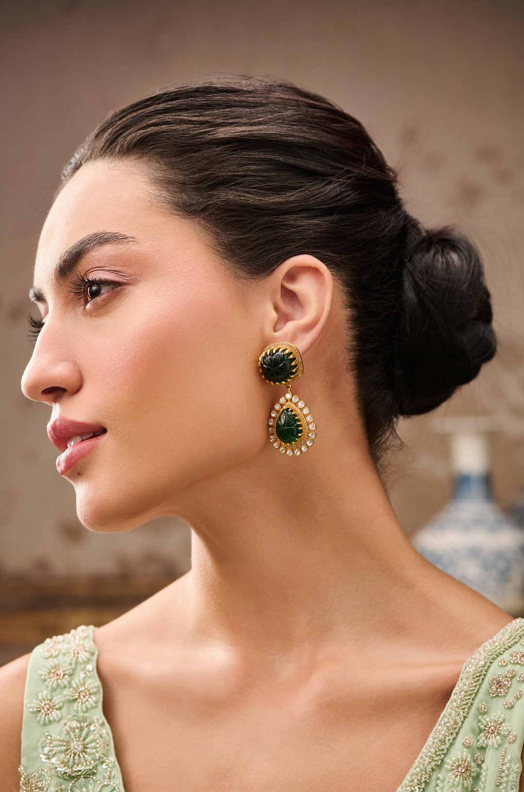 Eilla Green Polki Silver Earrings