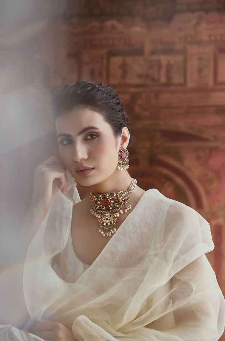 Mehrunnisa Pink Kundan Silver Necklace Set