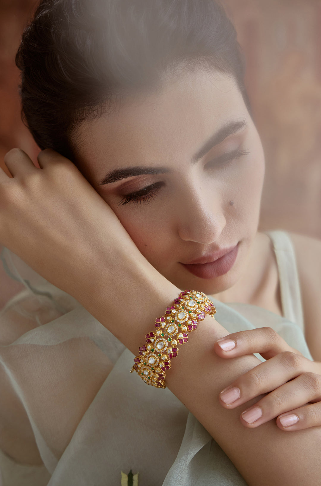 Tanisha Red Polki Silver Bangle