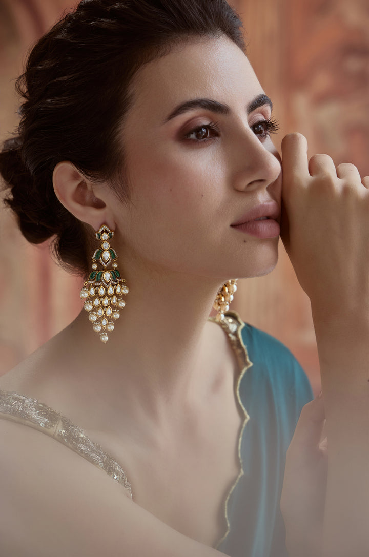 Zarika Green Polki Chandeliers Earrings