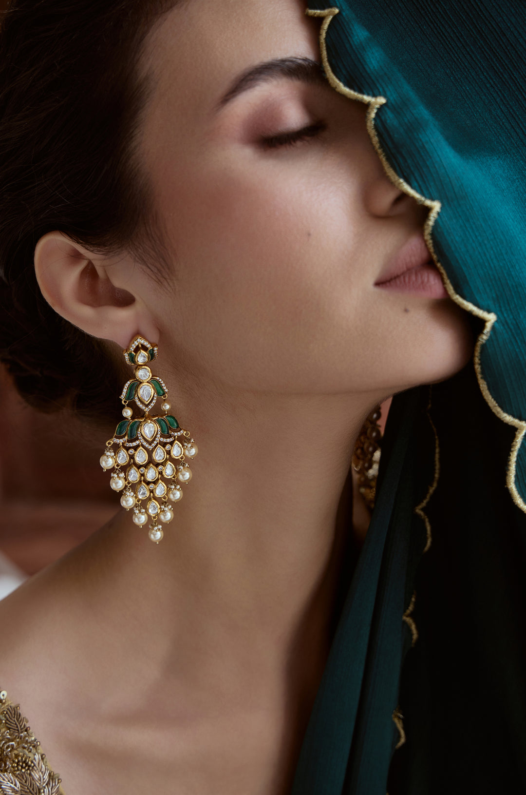 Zarika Green Polki Chandeliers Earrings