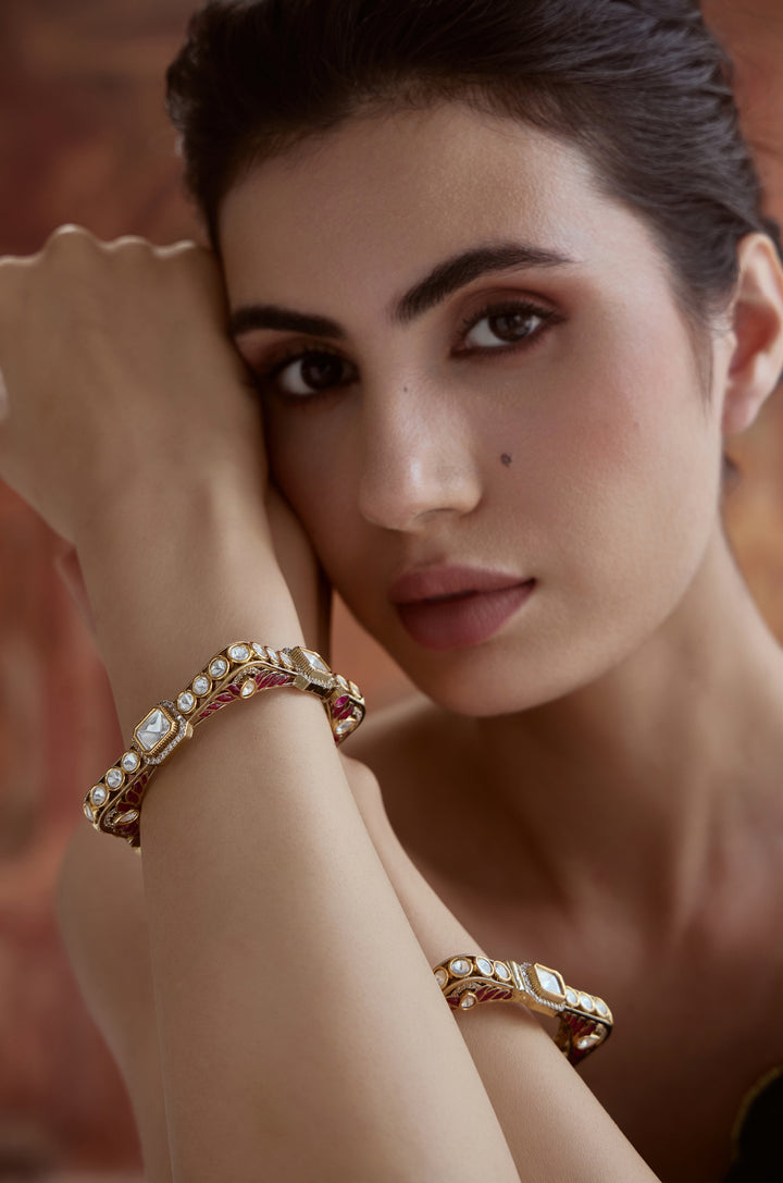 Urvisha Ruby Polki Statement Bangles - Set of 2