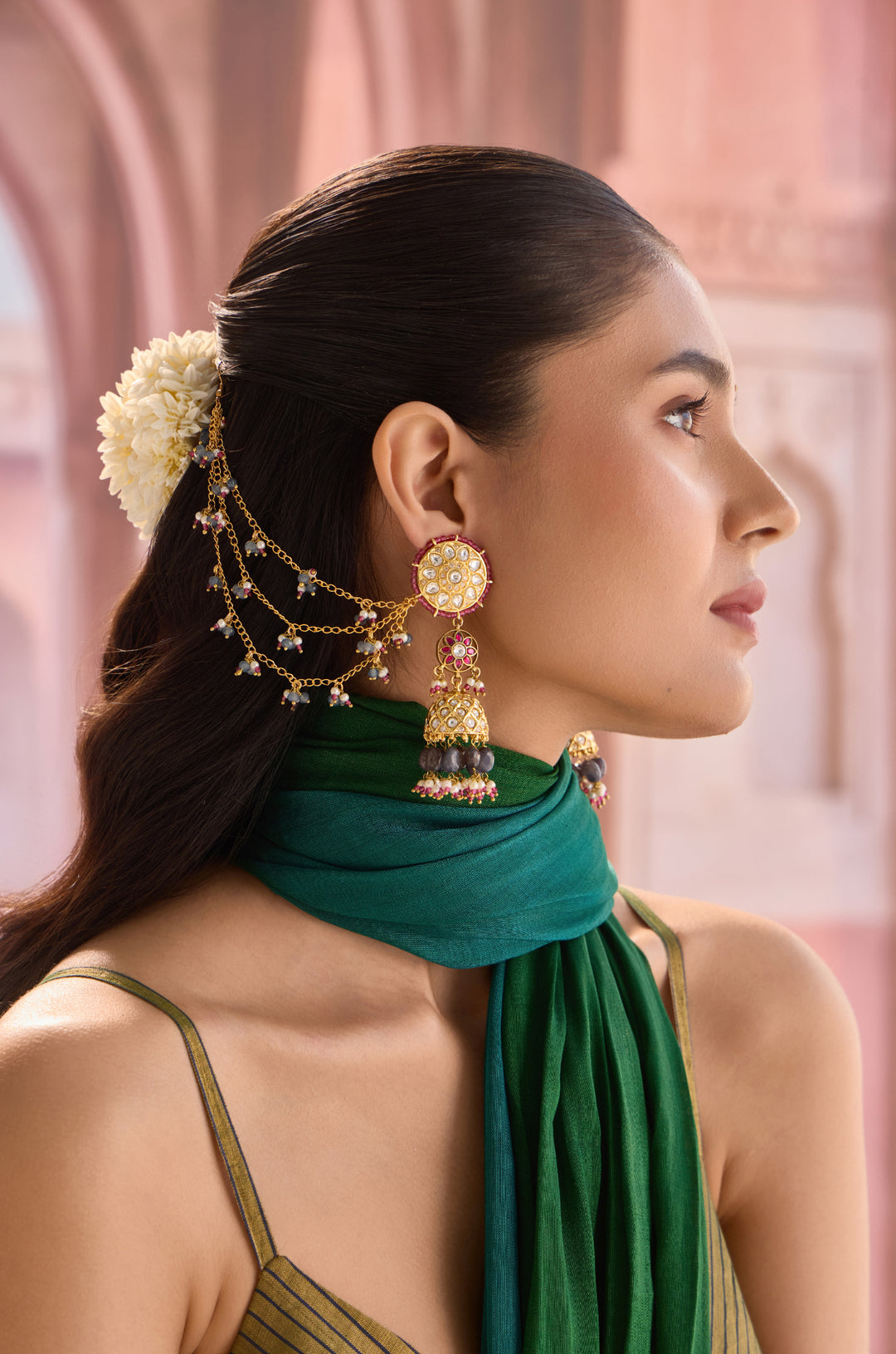 Pari Kundan Jhumka Earrings With Hair Chain
