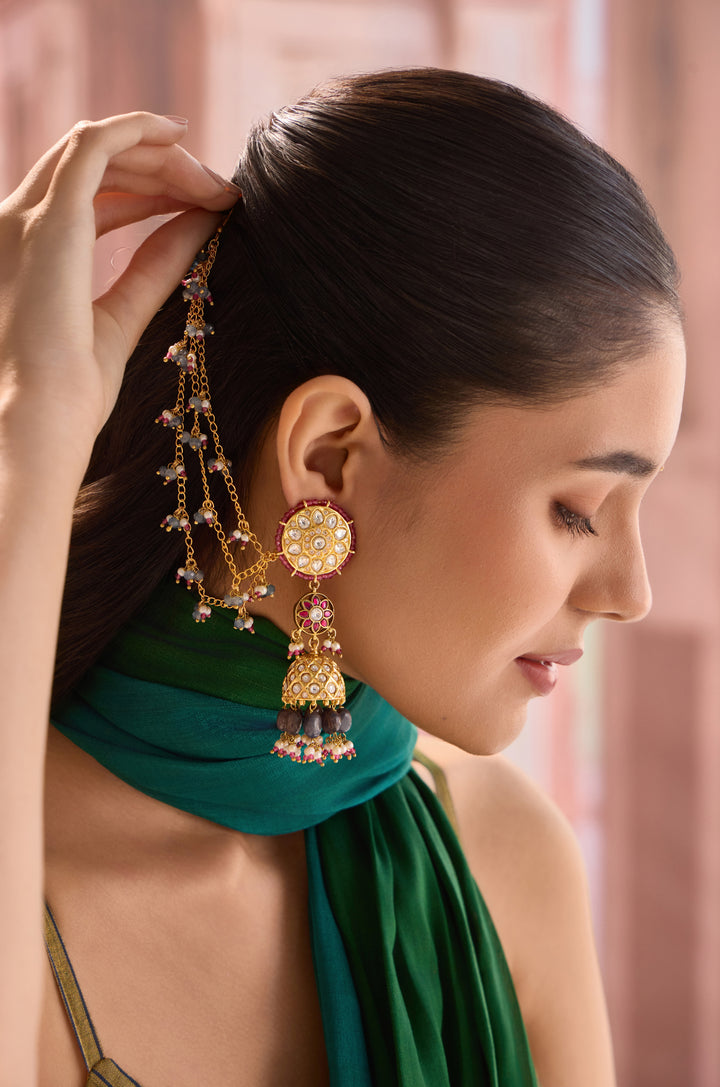 Pari Kundan Jhumka Earrings With Hair Chain