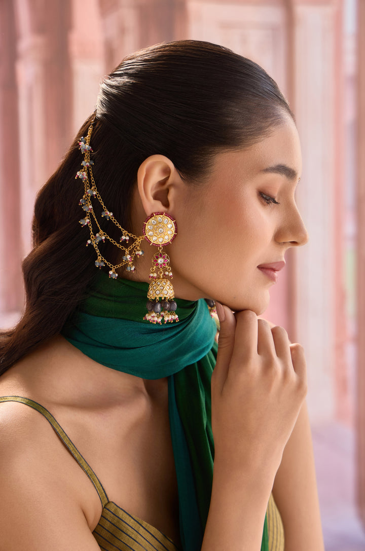 Pari Kundan Jhumka Earrings With Hair Chain