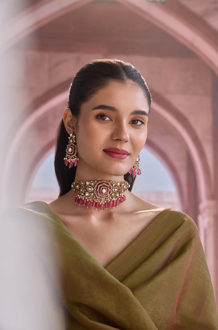 Rhabab Pink Polki Necklace Set