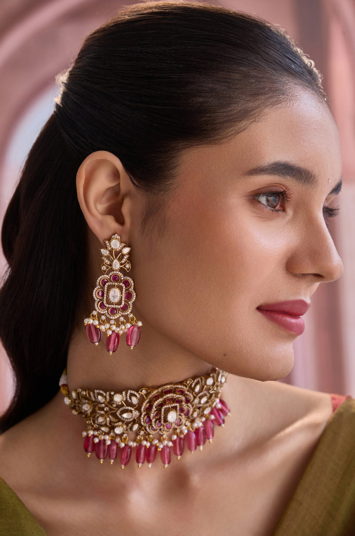Rhabab Pink Polki Necklace Set