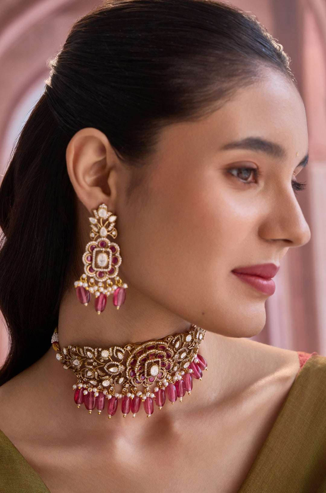 Rhabab Pink Polki Necklace Set