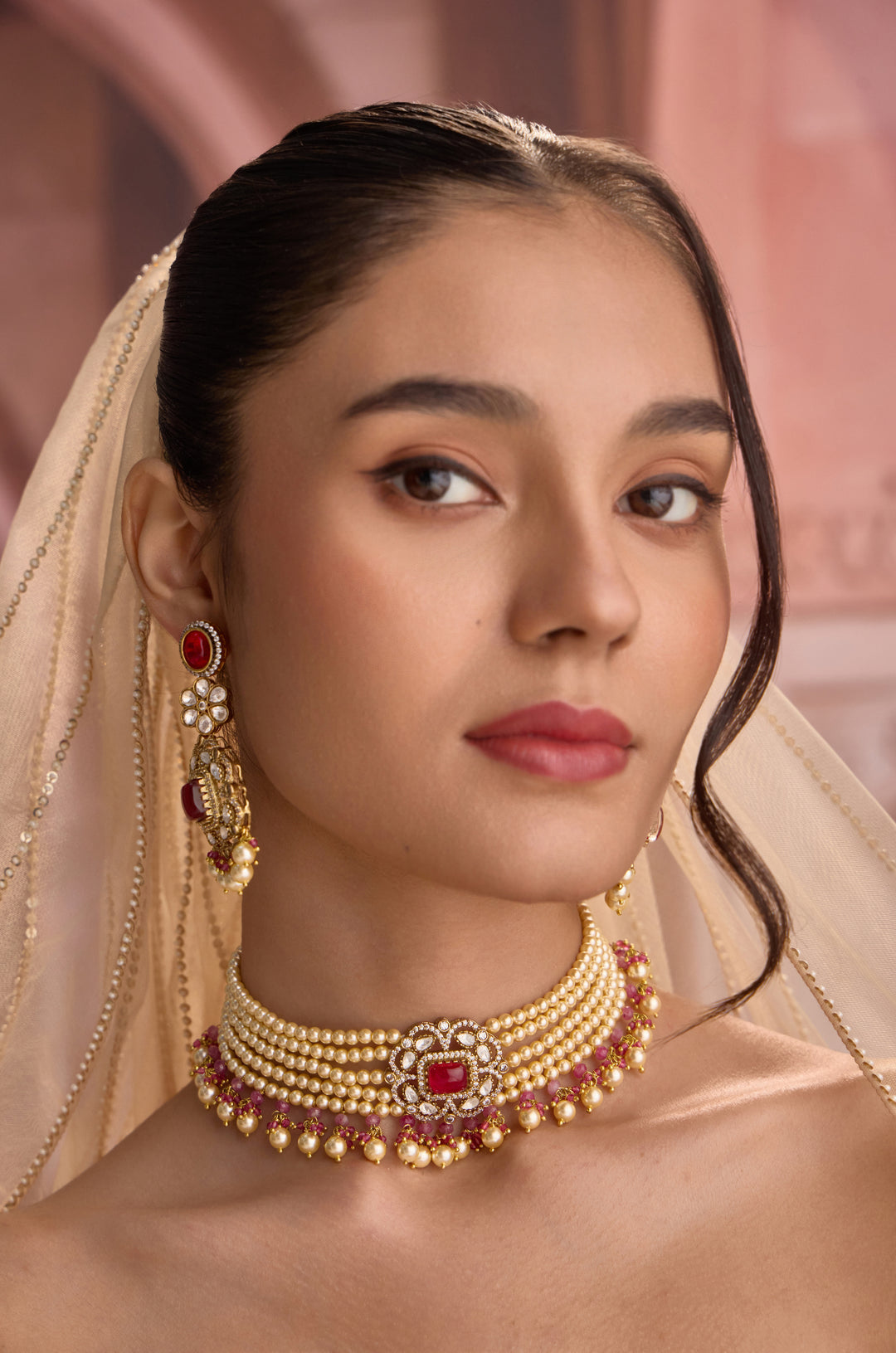 Roza Pink Polki Necklace Set