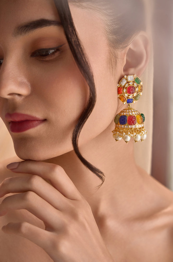 Jodha Polki Silver Jhumka  Earrings
