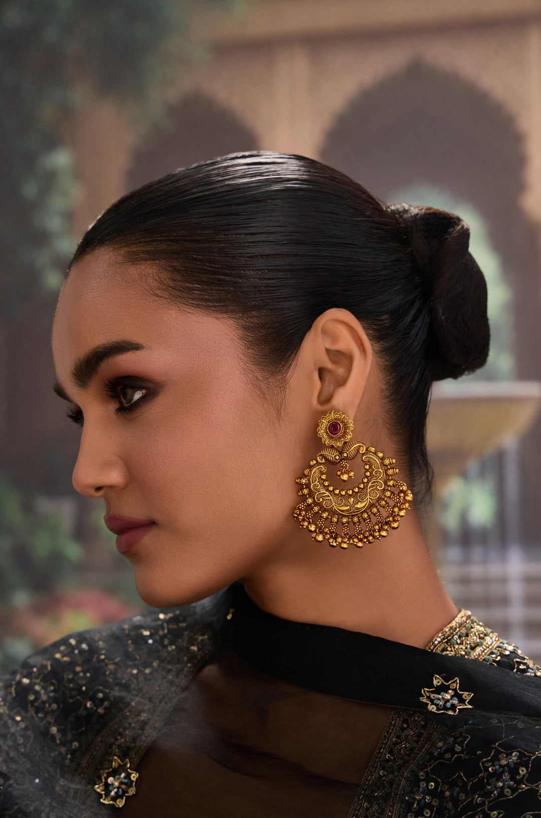 Saanjh Temple Work Chanbali Earrings