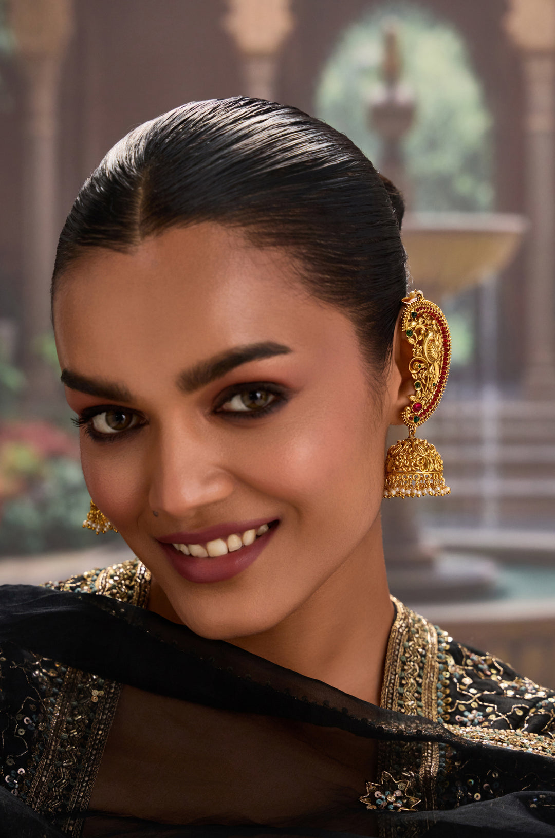 Hemanika Red Temple Work Earrings