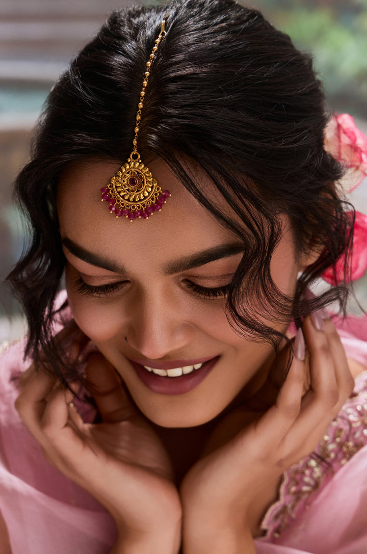 Gargi Pink Temple Work Maangtikka