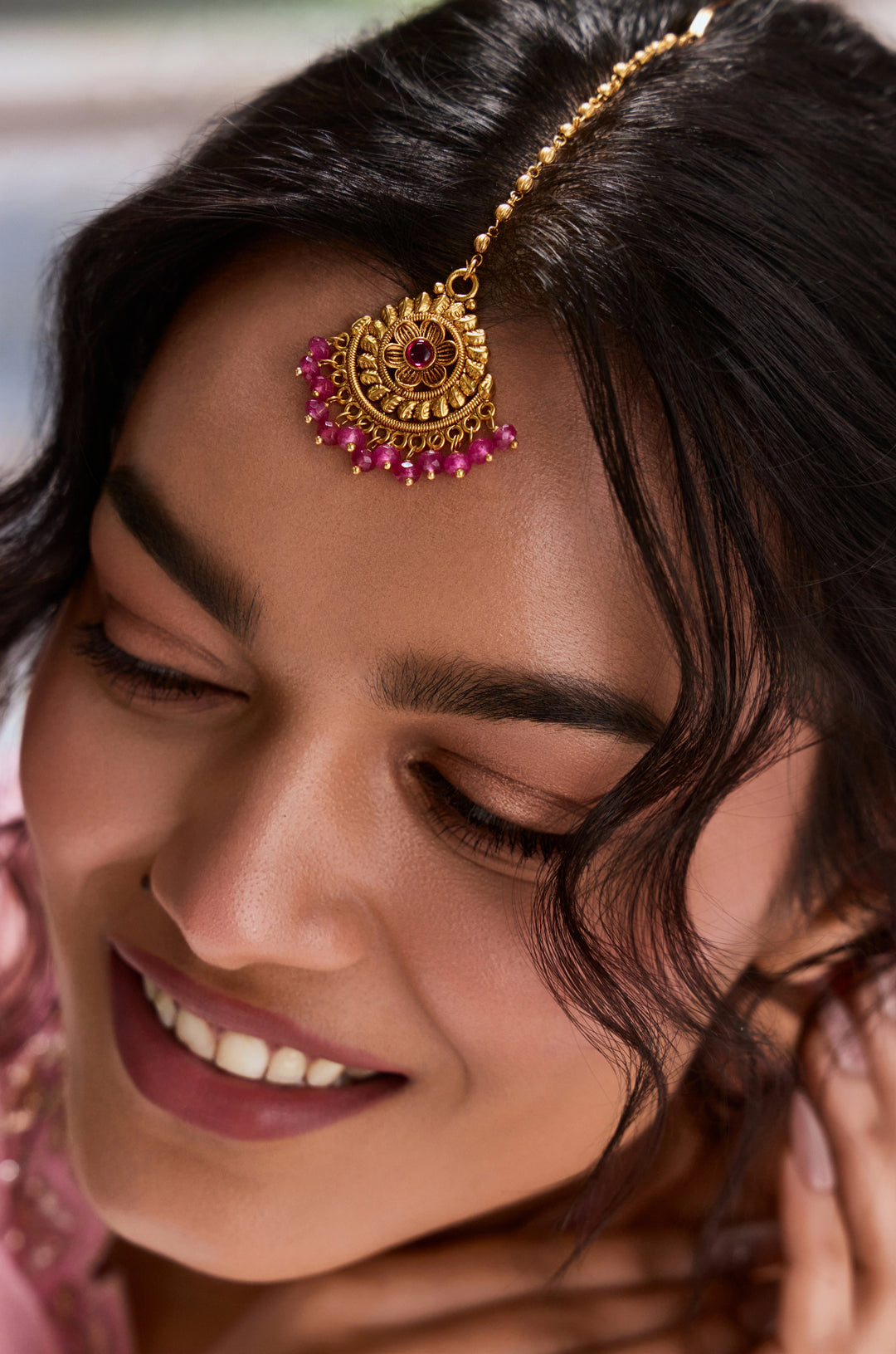 Gargi Pink Temple Work Maangtikka