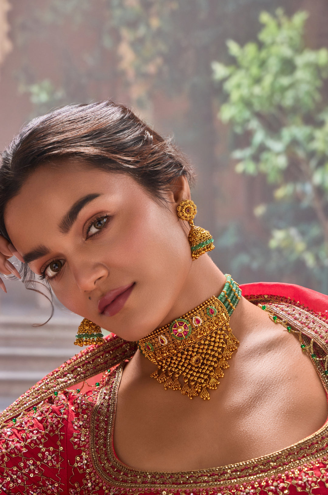 Wamika Green Temple Work Necklace Set