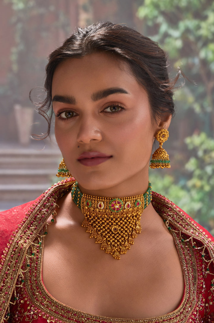 Wamika Green Temple Work Necklace Set