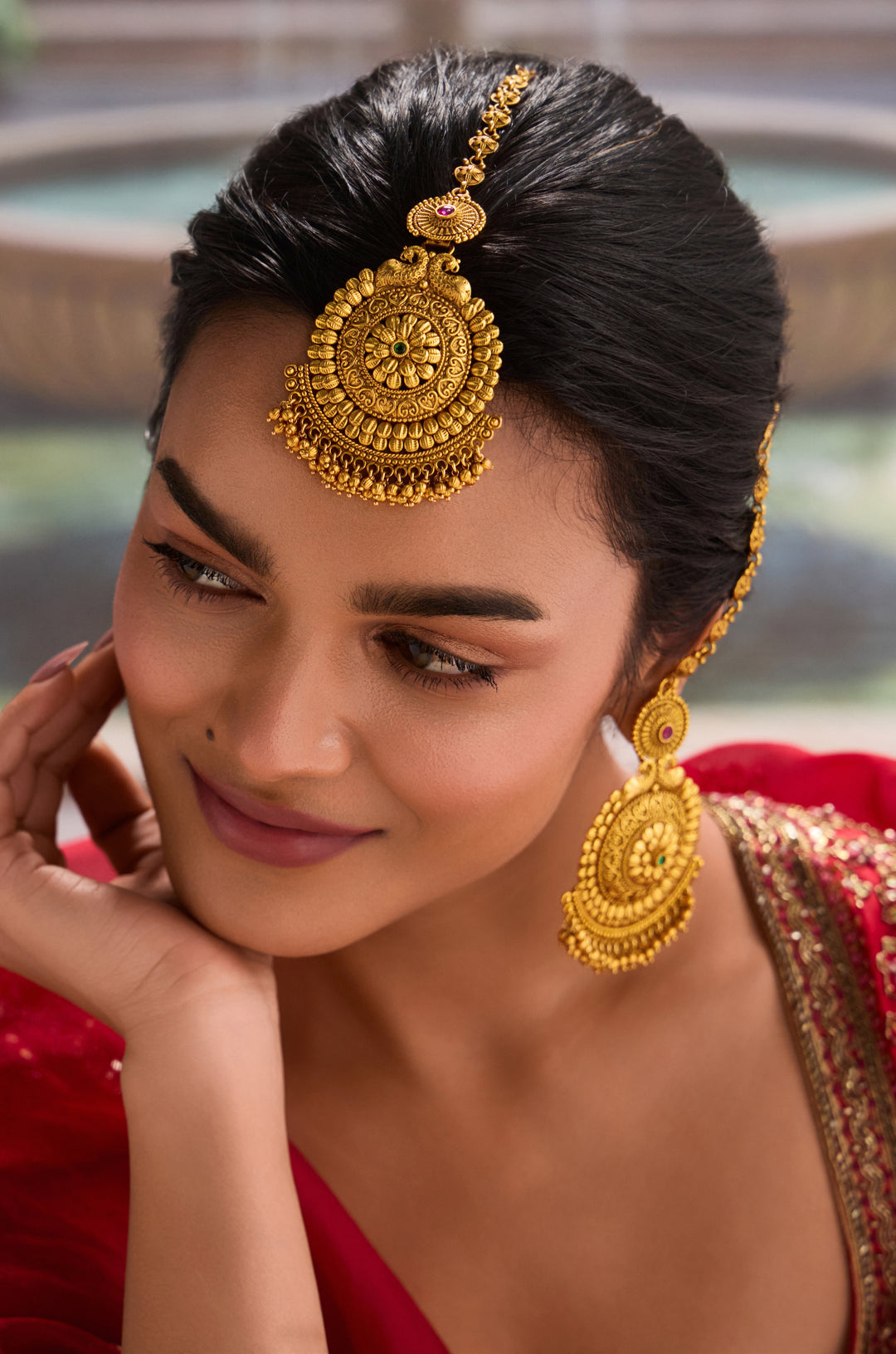 Saraswati Temple Earrings And Maangtikka Set