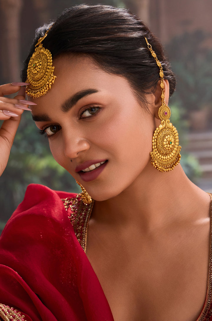 Saraswati Temple Earrings And Maangtikka Set