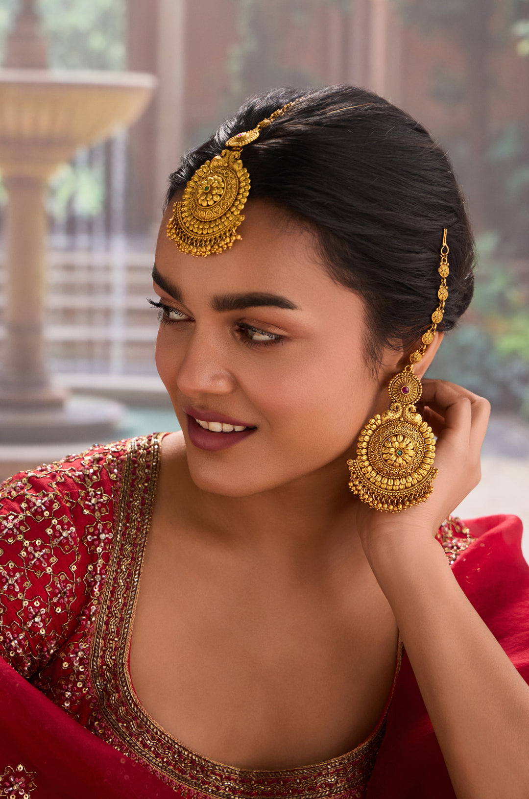 Saraswati Temple Earrings And Maangtikka Set