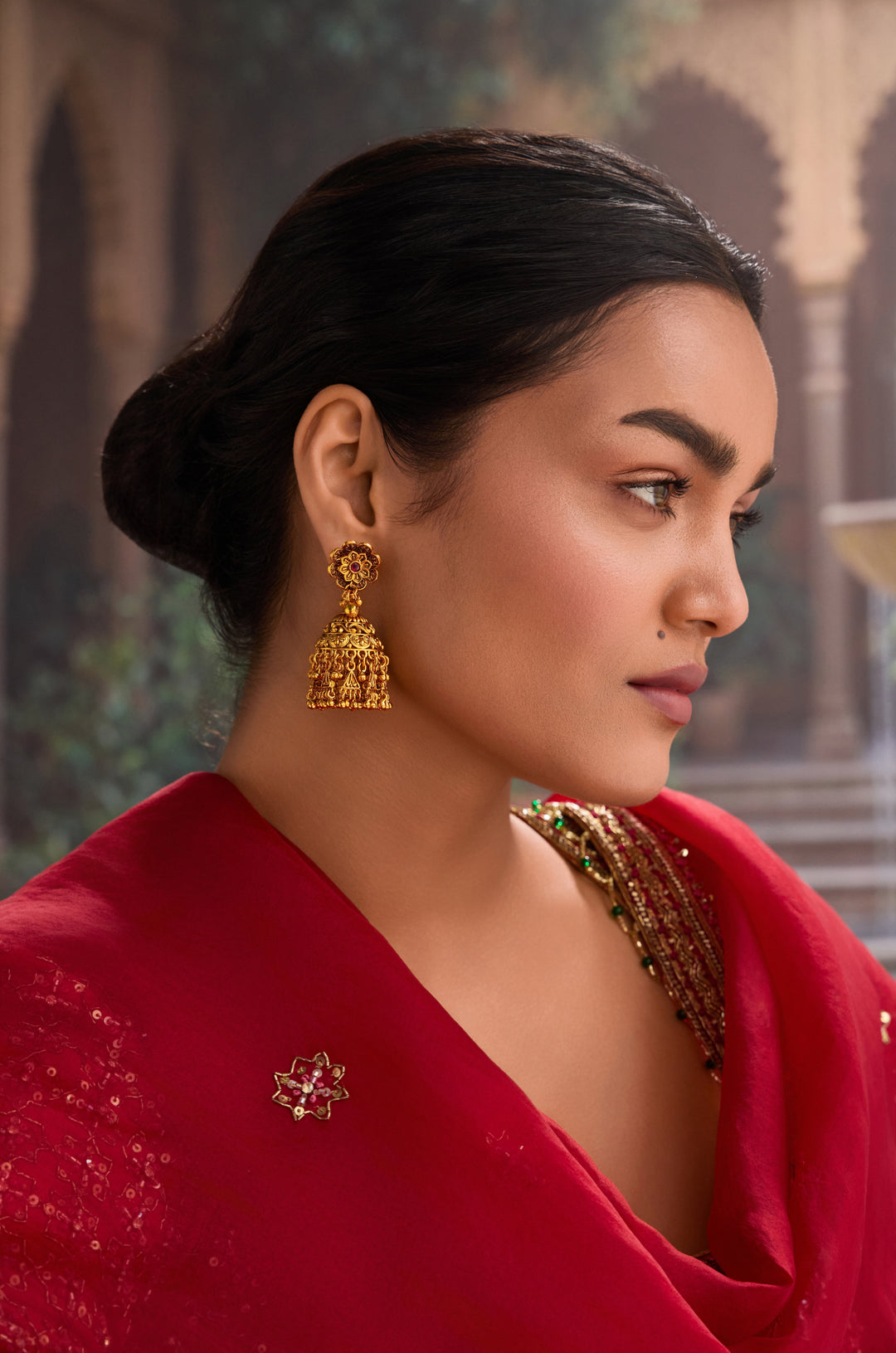 Sanjh Temple Work Jhumka Earrings