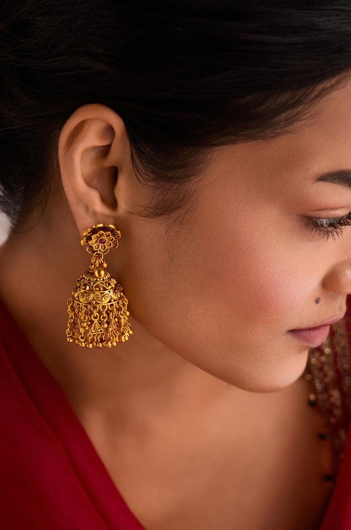 Sanjh Temple Work Jhumka Earrings