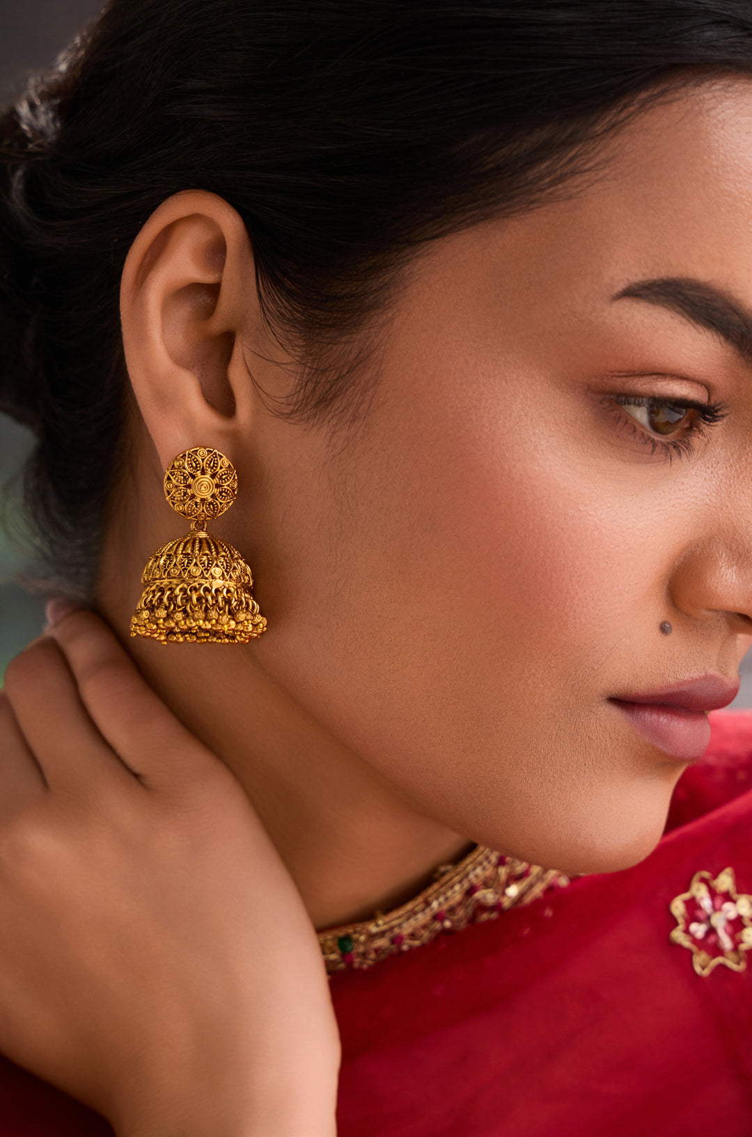 Onni Temple Work Jhumka Earrings