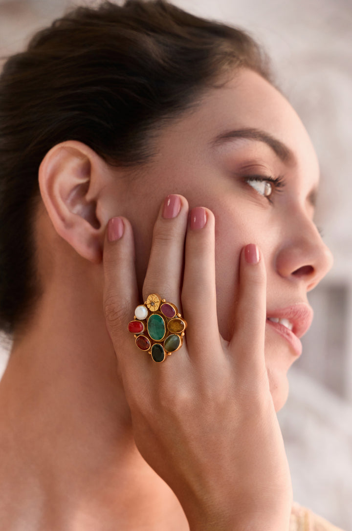Rupasi Navrattan Floral Silver Ring